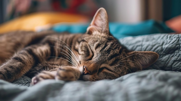 a cat with its eyes closed and sleeping on a bed