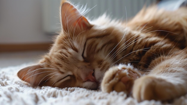 a cat with its eyes closed sleeping on a carpet