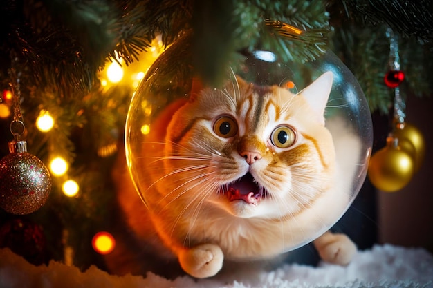 Cat with its mouth open looking through glass ball on christmas tree Generative AI