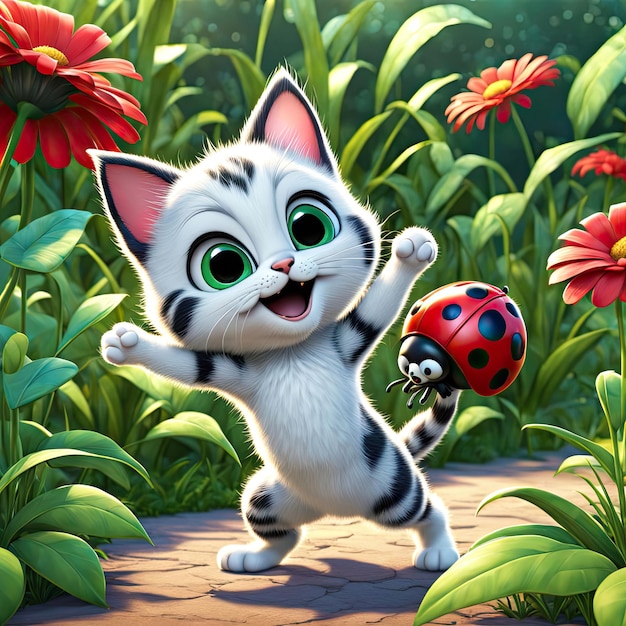 a cat with a ladybug on its back is playing with a lady bug