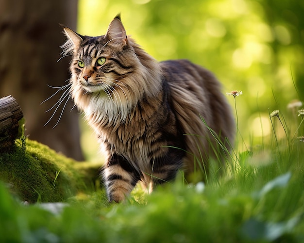 a cat with long fur stands in the grass.