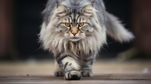 A cat with long fur walks on a wooden floor