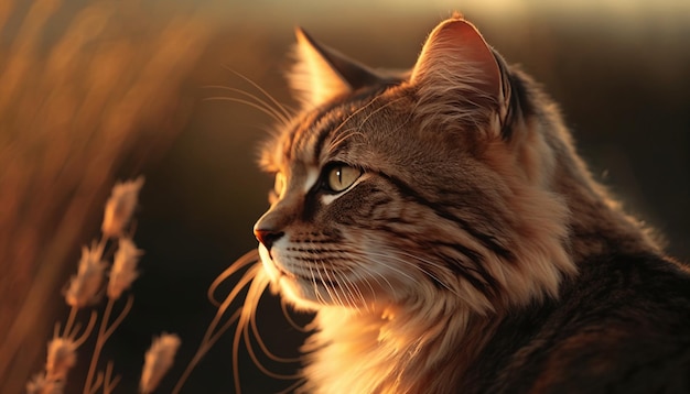 A cat with long hair and a long tail looks out into the sunset.