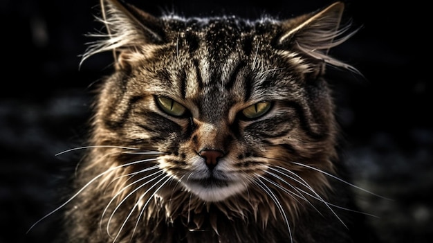 A cat with long whiskers and a black background