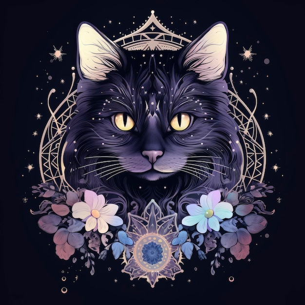 Cat with a Luminous Aura Glowing Tattoos of Geometric Shapes