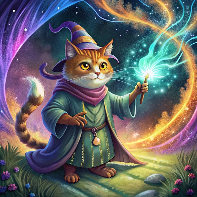 Photo a cat with a magic wand and a magic wand in the middle of the night