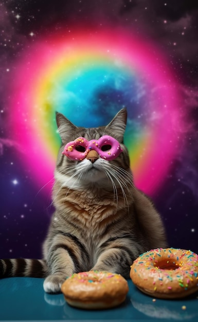 A cat with a mask that says " rainbow " on it.