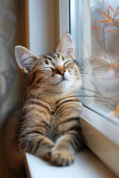 A cat with a mischievous human grin lounges on a windowsill plotting its next playful adventure