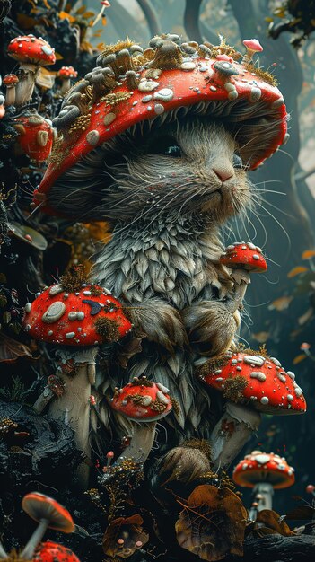 cat with mushrooms on the tree