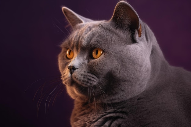 A cat with orange eyes is sitting in front of a purple background.