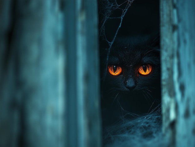 Photo a cat with orange eyes looking out of a hole in a net