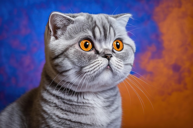 A cat with orange eyes sits in front of a blue and orange background.