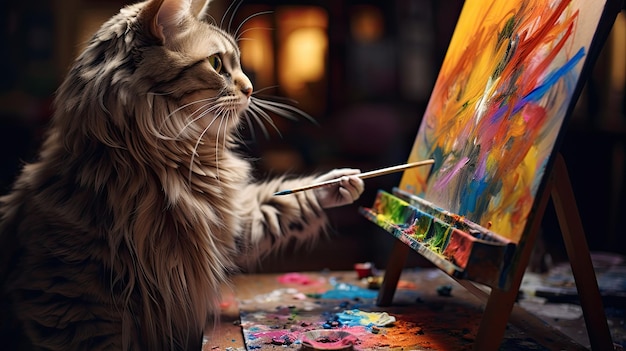 a cat with a paintbrush in his hand