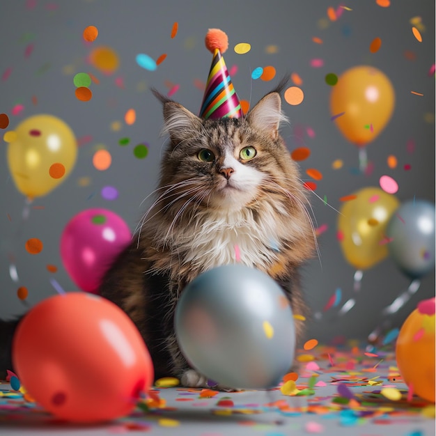 a cat with a party hat on sitting in front of a bunch of balls