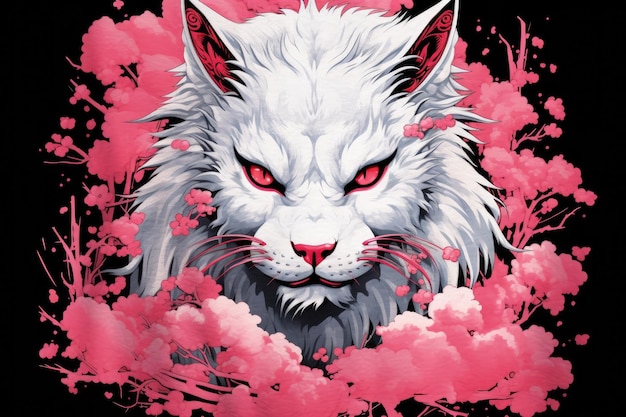 A cat with pink eyes and a pink background with pink clouds.