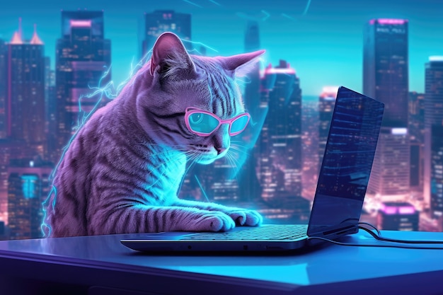 A cat with pink glasses is sitting at a laptop.