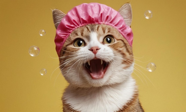 a cat with a pink hat on its head and the word happy on the side