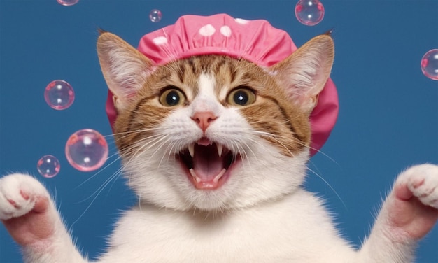 a cat with a pink hat that says quot happy bubble quot