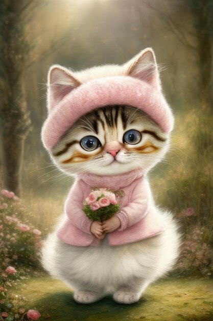 A cat with a pink sweater and a pink hat.