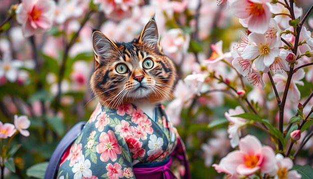 a cat with a purple sash is standing in front of a flowered tree