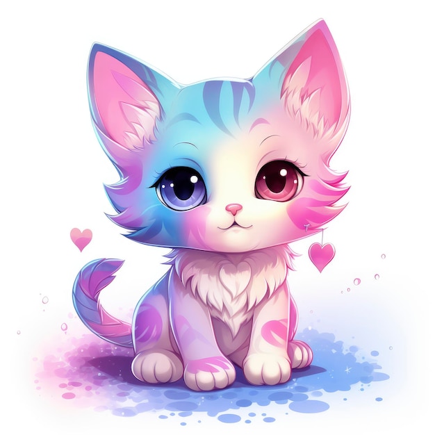 Cat with Rainbow Color Ear in Heart Mark Anime Chibi