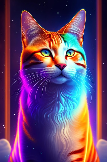 A cat with a rainbow colored face and the word galaxy on the front