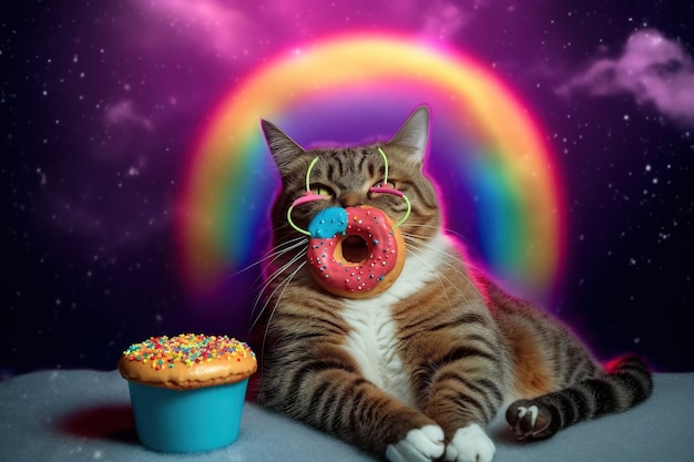 A cat with a rainbow eye glasses is sitting next to a cupcake with a rainbow on it.