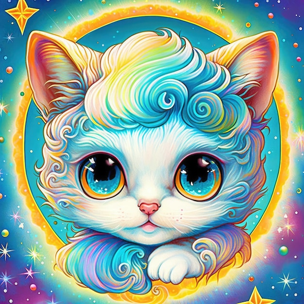 A cat with a rainbow haircut and a blue eyes.