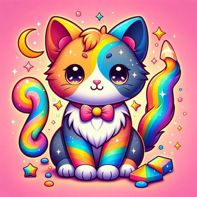 Photo a cat with a rainbow on its back and a pink background with stars and stars