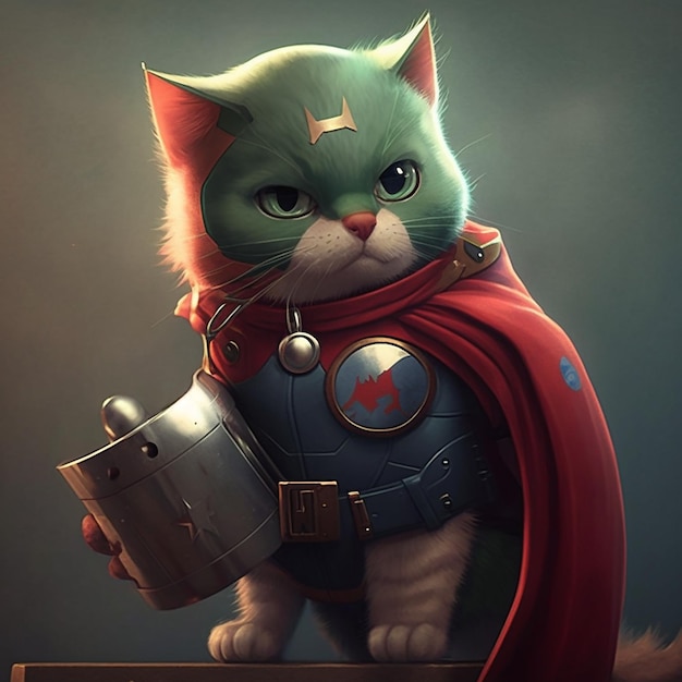 a cat with a red cape and a red cape holding a shield