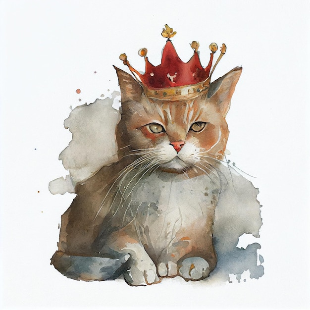 A cat with a red crown on its head is sitting on a white surface.