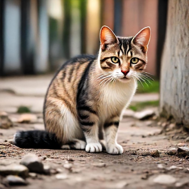 a cat with a red nose is sitting on the ground