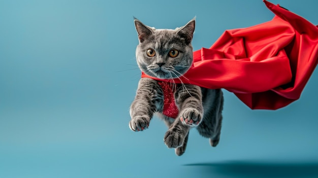 a cat with a red tie is laying on a blue background