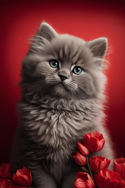 A cat with a red tulip in its paws