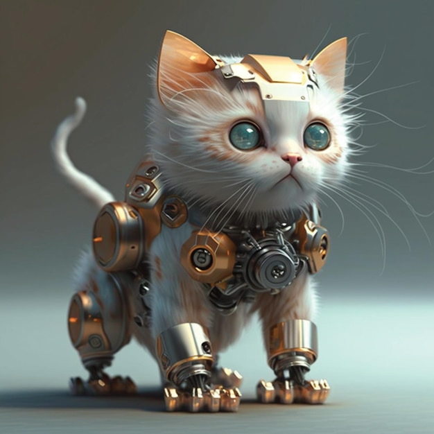 A cat with a robot body and a head that says " robot ".