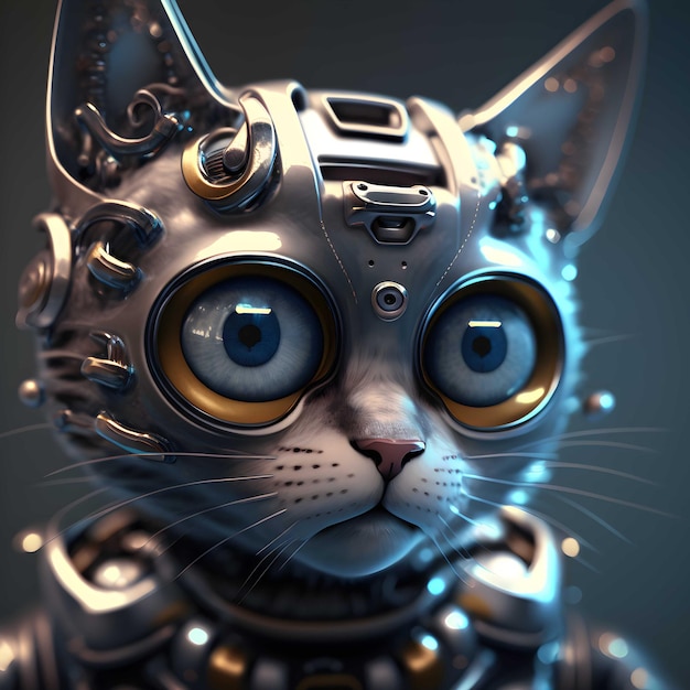 A cat with a robot face and a yellow eye.