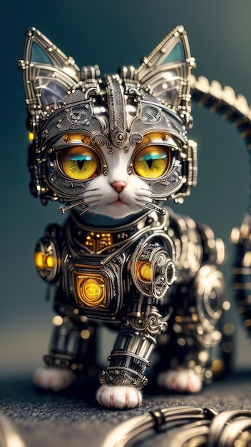 A cat with a robot head and yellow eyes