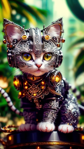 A cat with a robot helmet and a helmet.