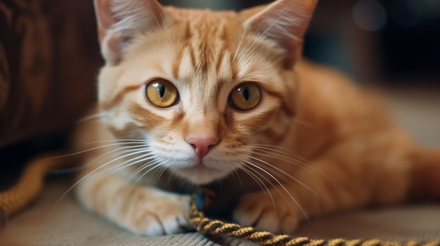 A cat with a rope tied to its mouth