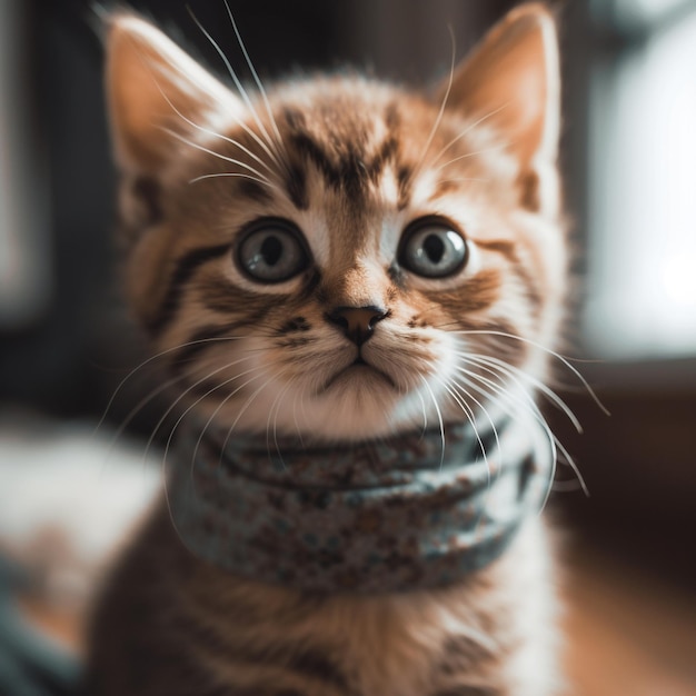 A cat with a scarf around its neck is wearing a scarf.