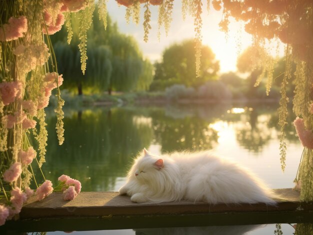 Photo cat with a serene and meditative look framed by a tranquil garden backdrop