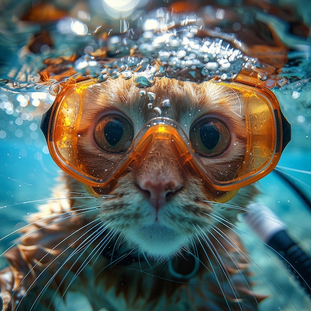 Photo cat with snorkeling mask in swimming pool close up