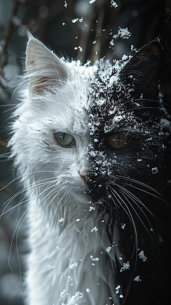 a cat with snow on its face and a black and white furred face