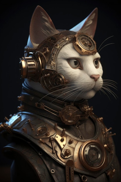 A cat with a steampunk helmet and a mechanical device.