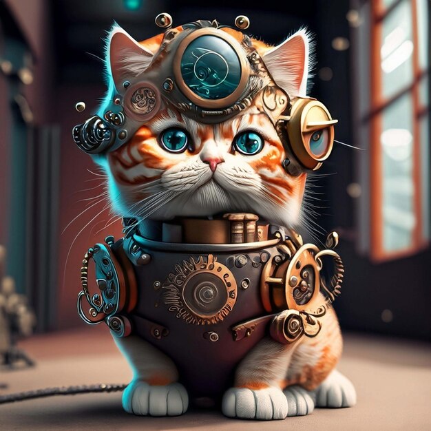 cat with a steampunk watch lanyard around his neck protecting a safe Generate Ai