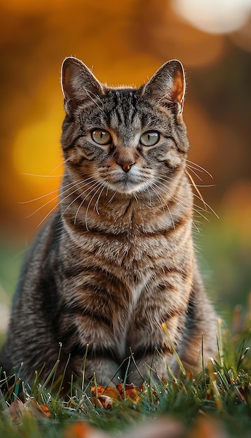 a cat with a striped face sits in the grass