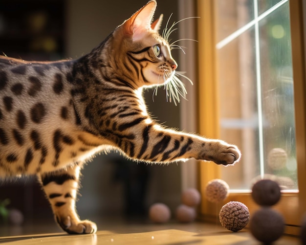 a cat with a striped tail is playing with balls.