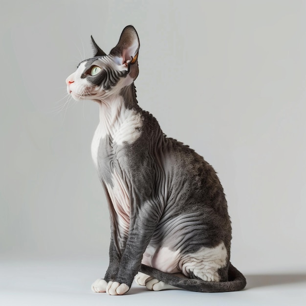 a cat with a striped tail sits on a white background