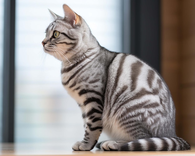 a cat with a striped tail sits on a wooden table.