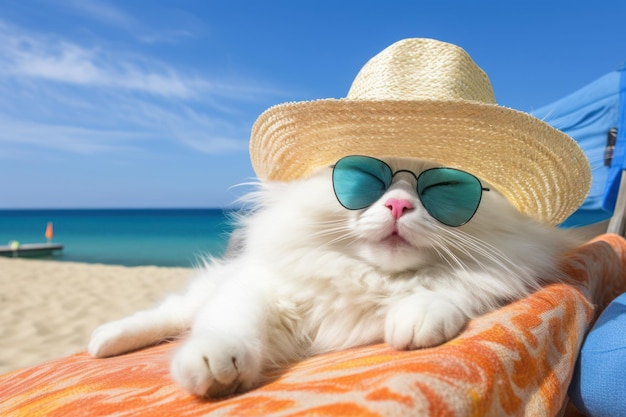 Cat with sunglasses lying in deck chair